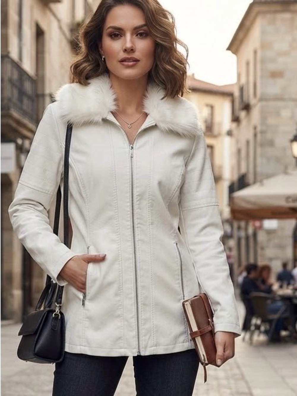 Baccini White Faux
Leather coat w/faux fur
removable collar moto style
EUC Lg - Picture 1 of 12